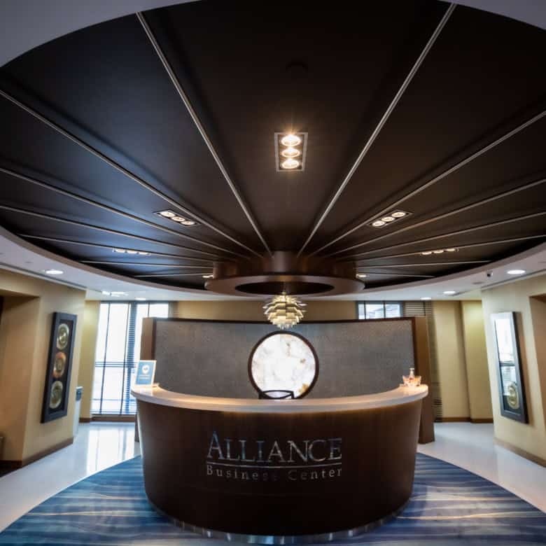 Elegant corporate workspace lobby in Dubai, featuring stylish design and professional atmosphere.