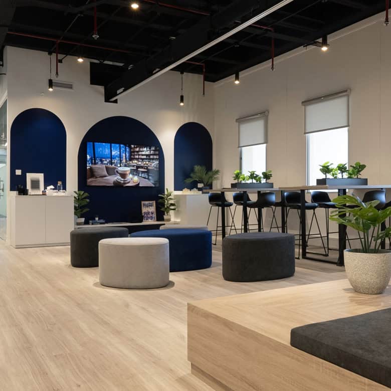 Modern coworking space in Dubai with seamless work areas and vibrant interior design.