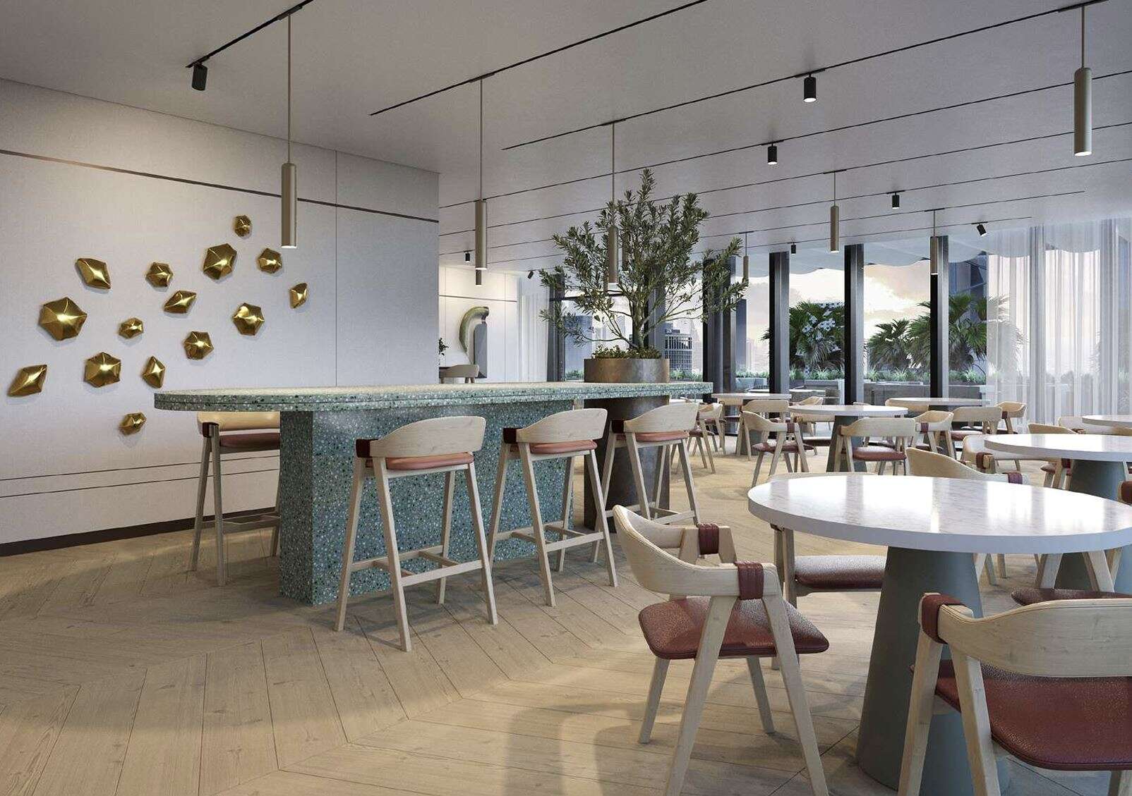 Luxurious coworking lounge in Dubai with contemporary decor and city views.