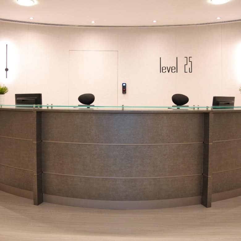 Spacious coworking reception area at Nextspace UAE, featuring sleek design, modern decor, and a professional atmosphere.