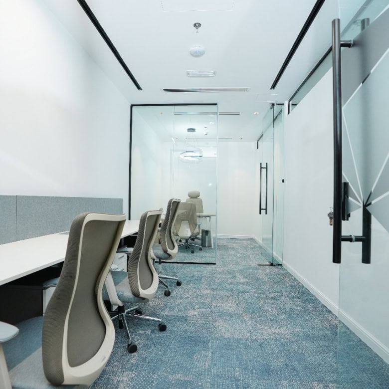 Light-filled UAE workspace with ergonomic chairs and private meeting rooms.