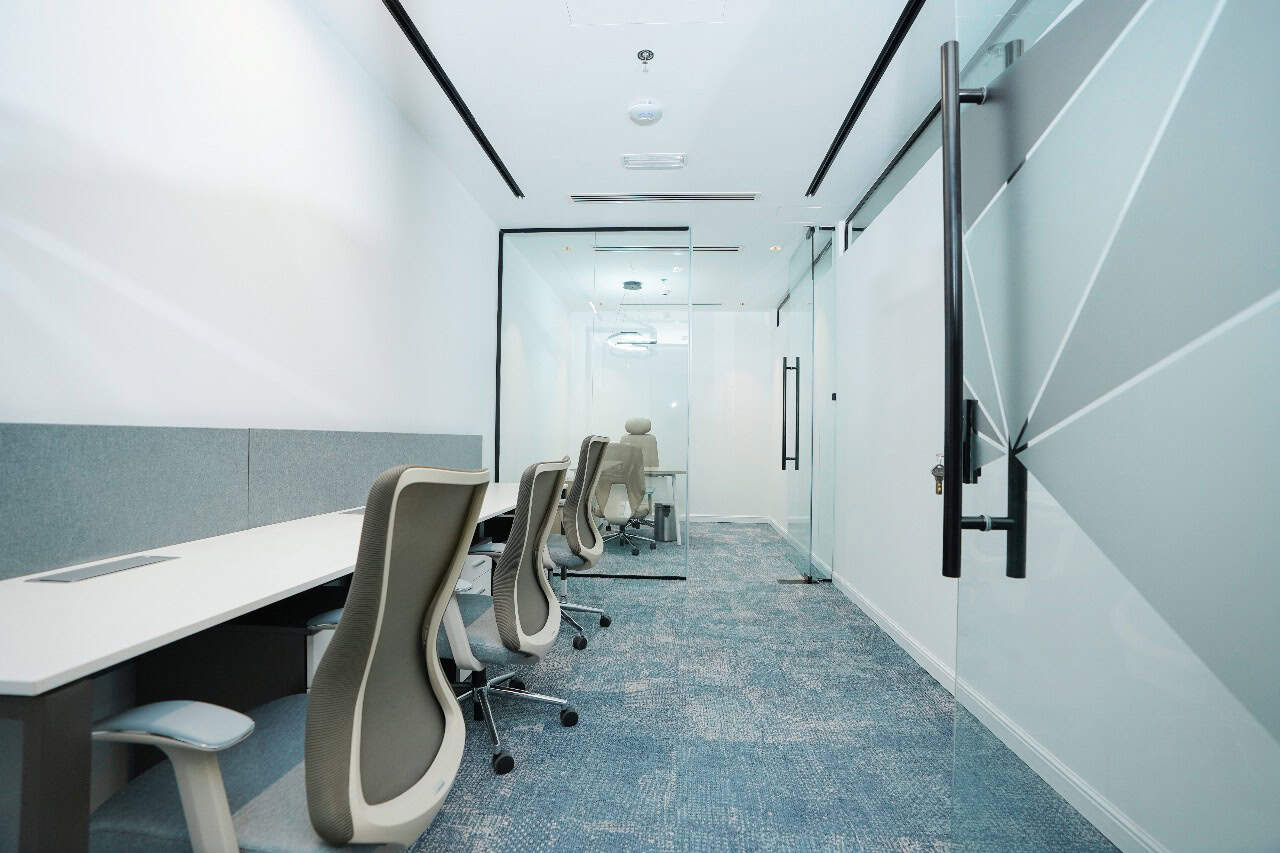Light-filled UAE workspace with ergonomic chairs and private meeting rooms.