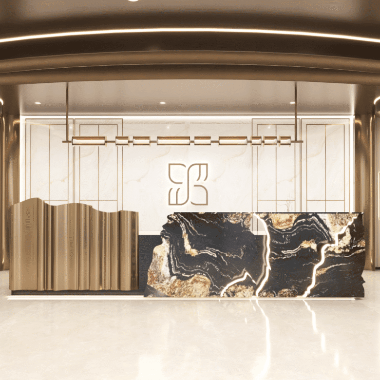 Luxurious coworking space reception in Dubai, featuring modern design and stylish marble accents.