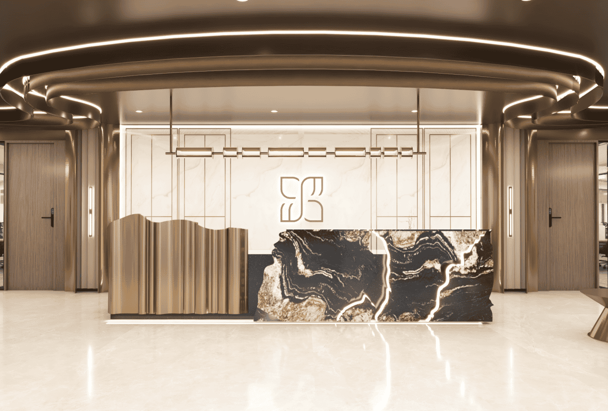 Luxurious coworking space reception in Dubai, featuring modern design and stylish marble accents.