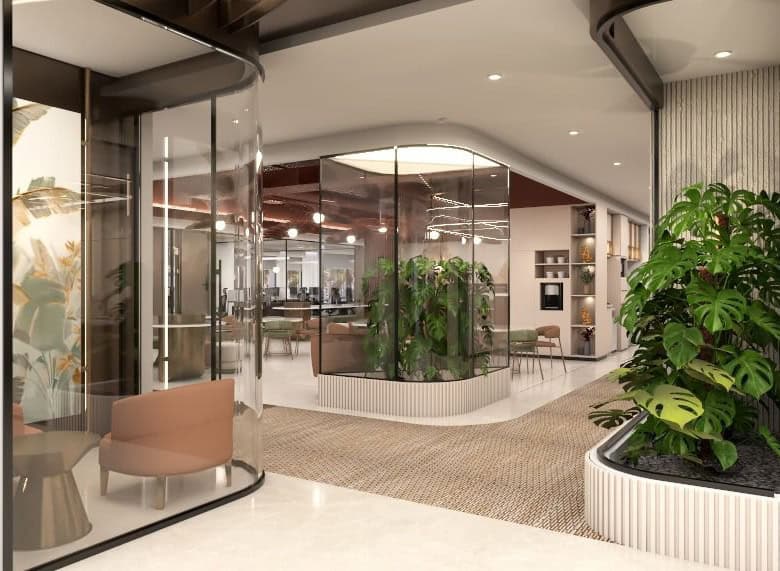 Modern coworking space in Dubai with vibrant work environment.