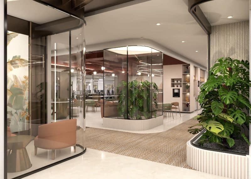 Modern coworking space in Dubai with vibrant work environment.