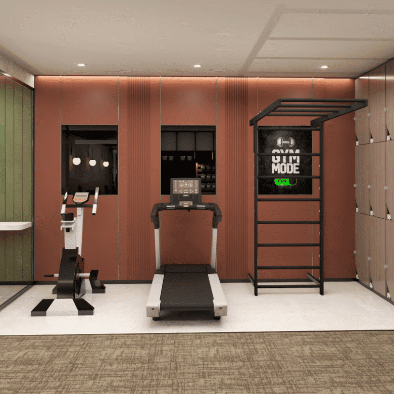 Ultramodern gym area with workout equipment at Nextspace UAE coworking space.