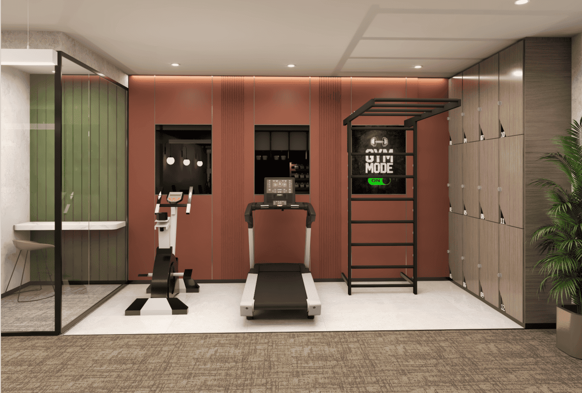 Ultramodern gym area with workout equipment at Nextspace UAE coworking space.