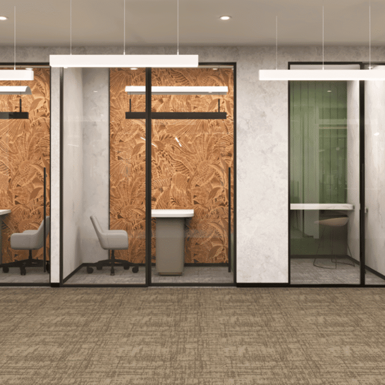 Private office booths with modern design at Nextspace UAE for focused work and meetings.