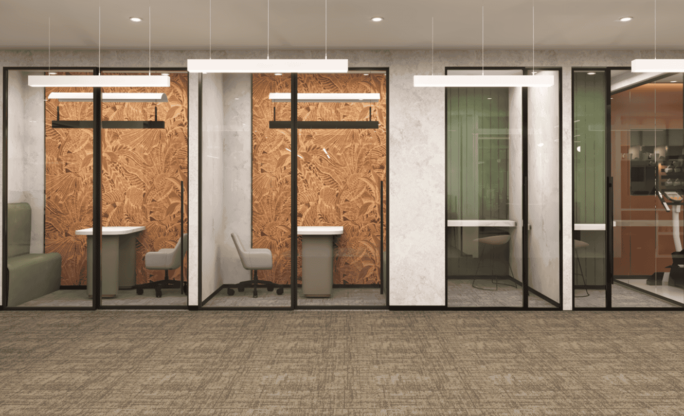 Private office booths with modern design at Nextspace UAE for focused work and meetings.