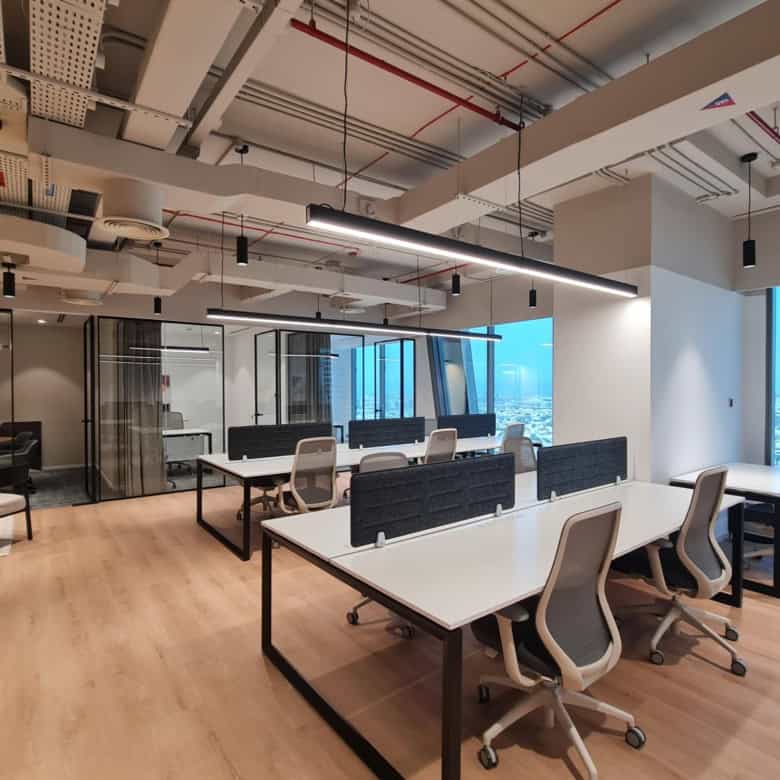 Bright office with large windows in Nextspace Dubai, ideal for networking and productivity.