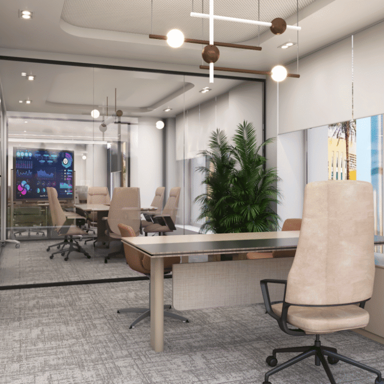 Bright coworking office in UAE with private rooms, contemporary design, and city views.