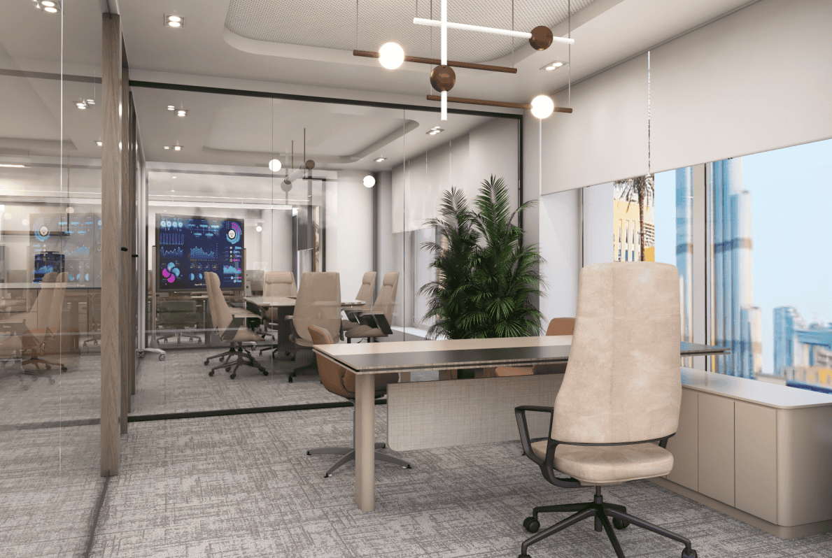 Bright coworking office in UAE with private rooms, contemporary design, and city views.