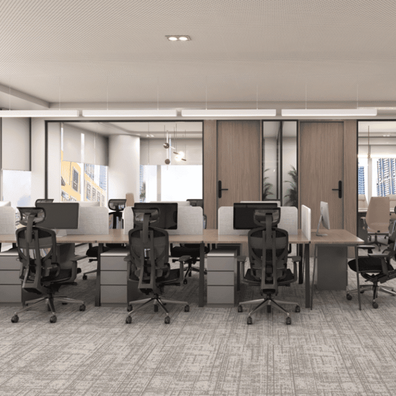 Bright, collaborative office environment with contemporary furniture and technology in Dubai.