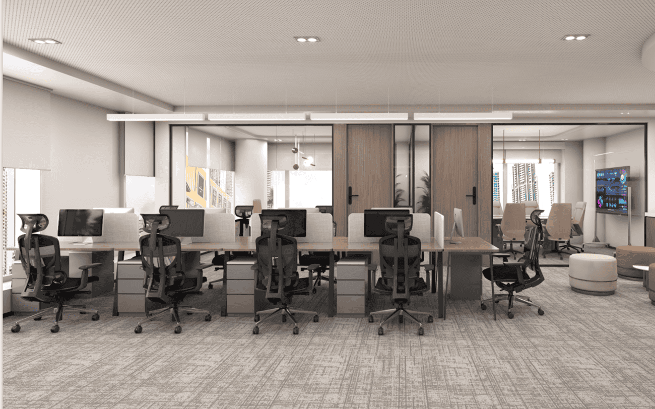 Bright, collaborative office environment with contemporary furniture and technology in Dubai.