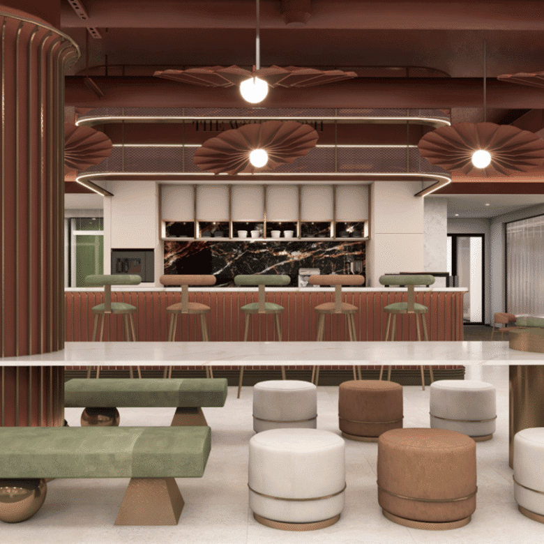 Stylish coworking lounge with contemporary furniture at Nextspace UAE, perfect for networking and productivity.