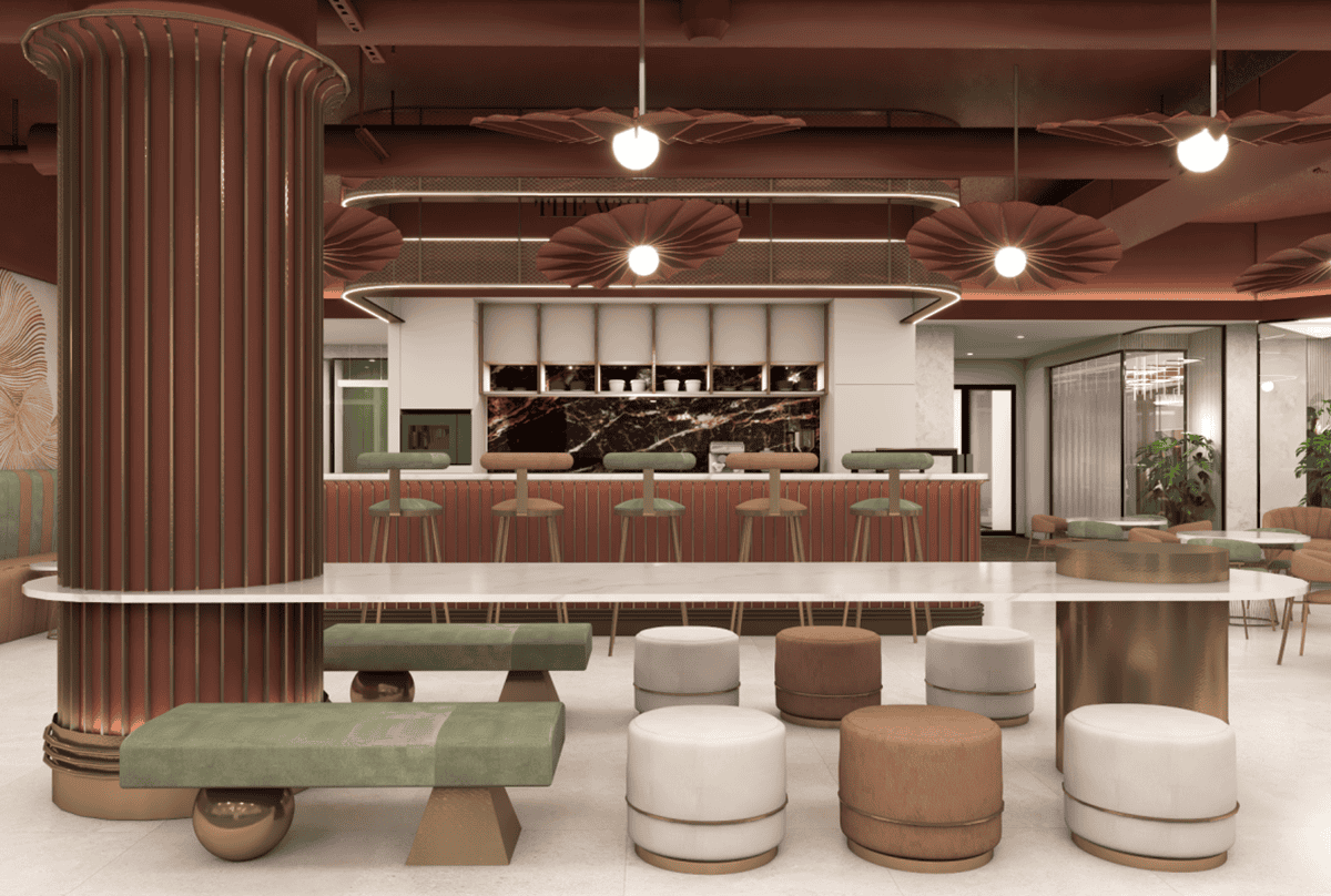 Stylish coworking lounge with contemporary furniture at Nextspace UAE, perfect for networking and productivity.