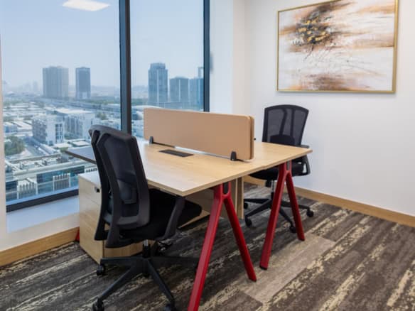 Modern coworking office with city views in Dubai, UAE for startups and businesses.