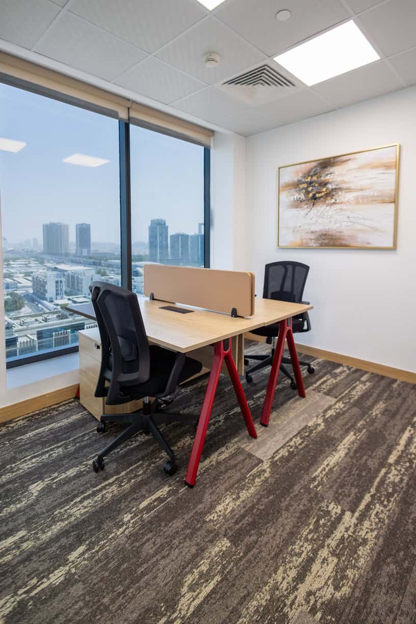 Modern coworking office with city views in Dubai, UAE for startups and businesses.