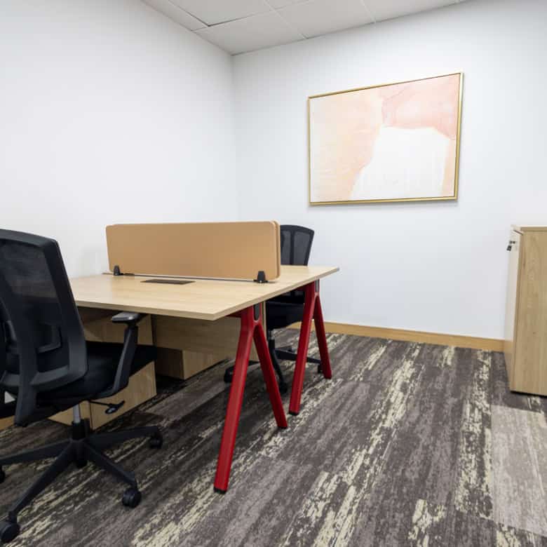 Modern shared workspace with ergonomic chairs and privacy partitions in Dubai UAE.