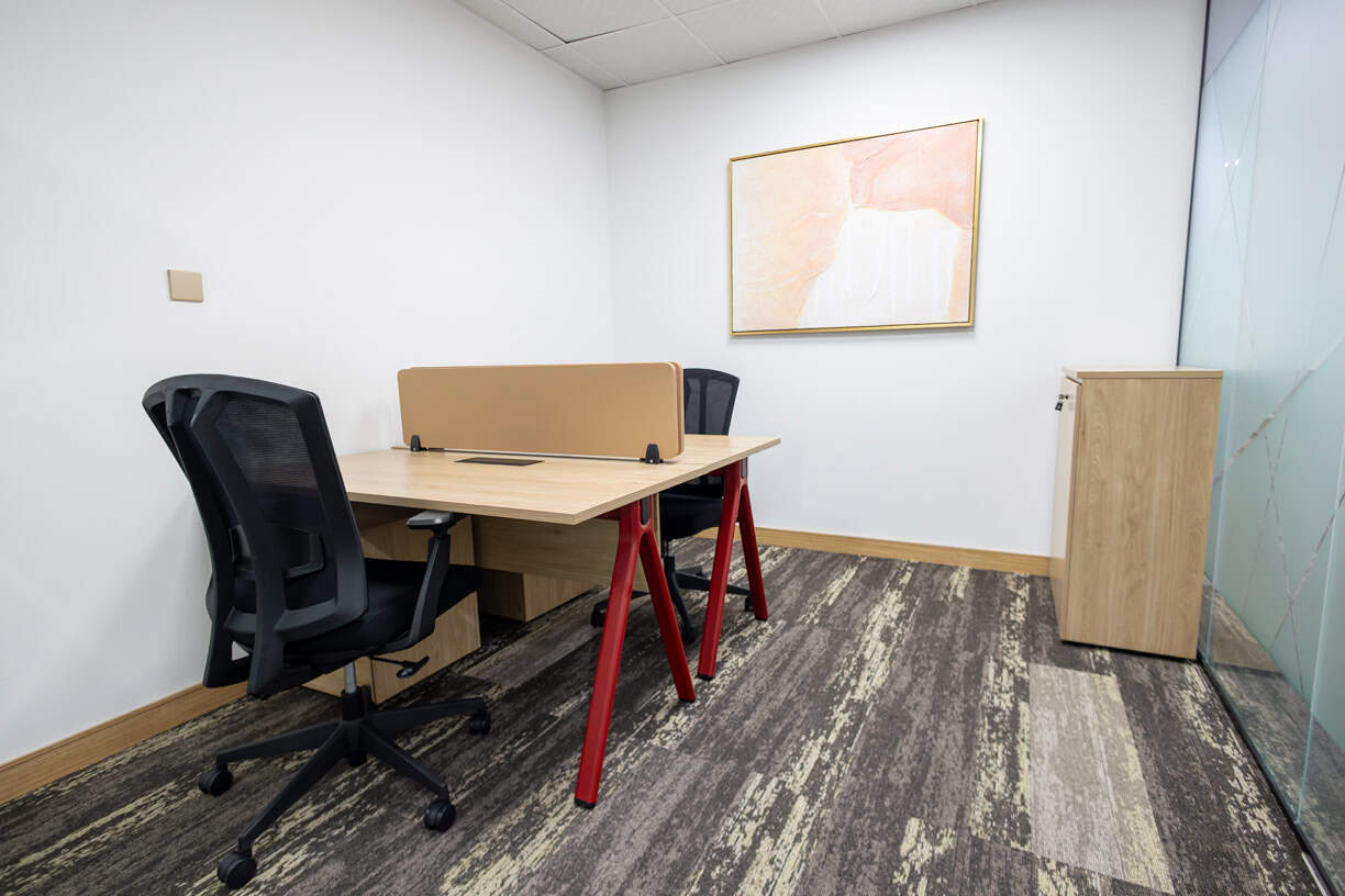 Modern shared workspace with ergonomic chairs and privacy partitions in Dubai UAE.