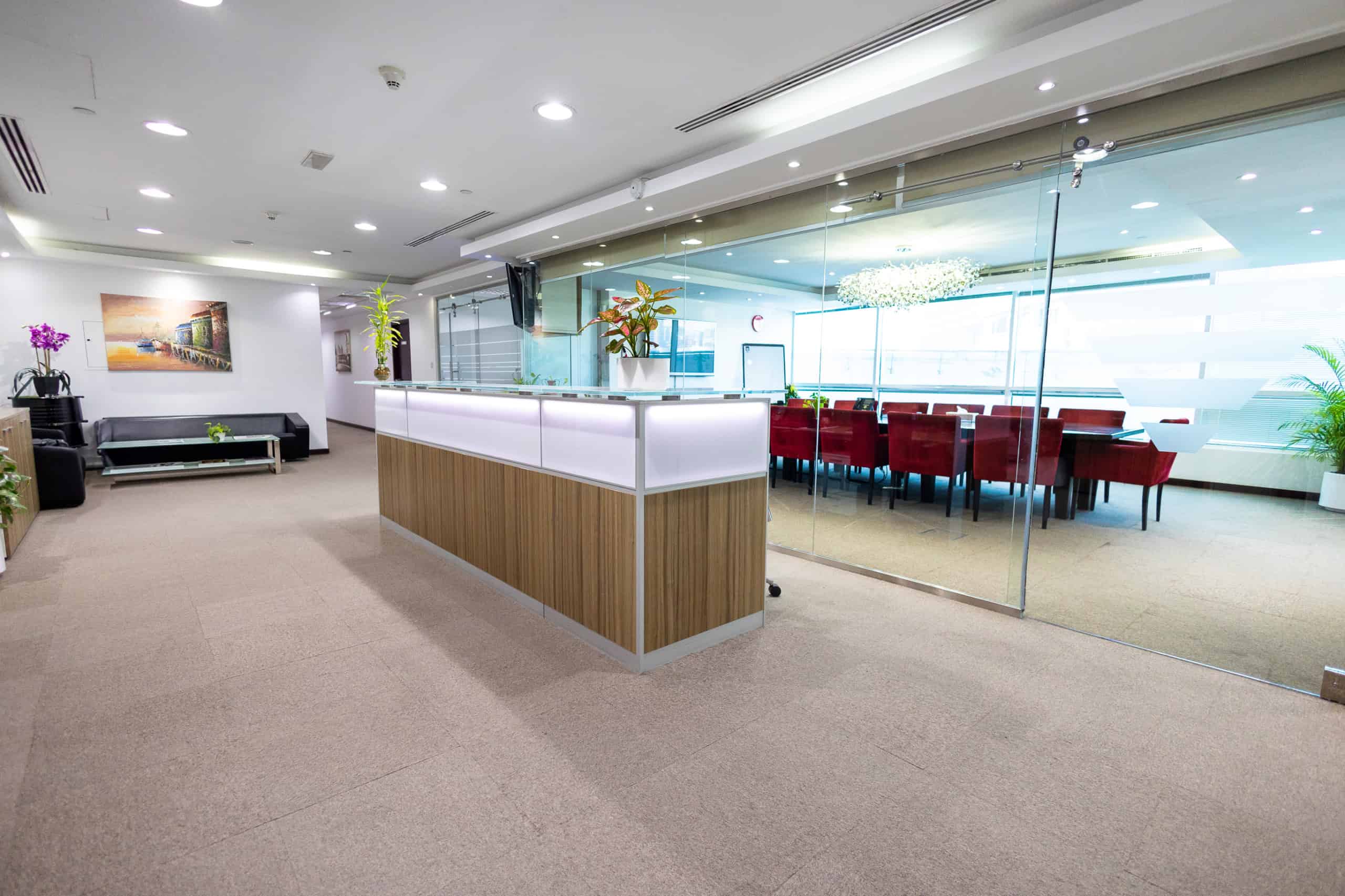 Bright, professional coworking environment in Dubai with contemporary design.