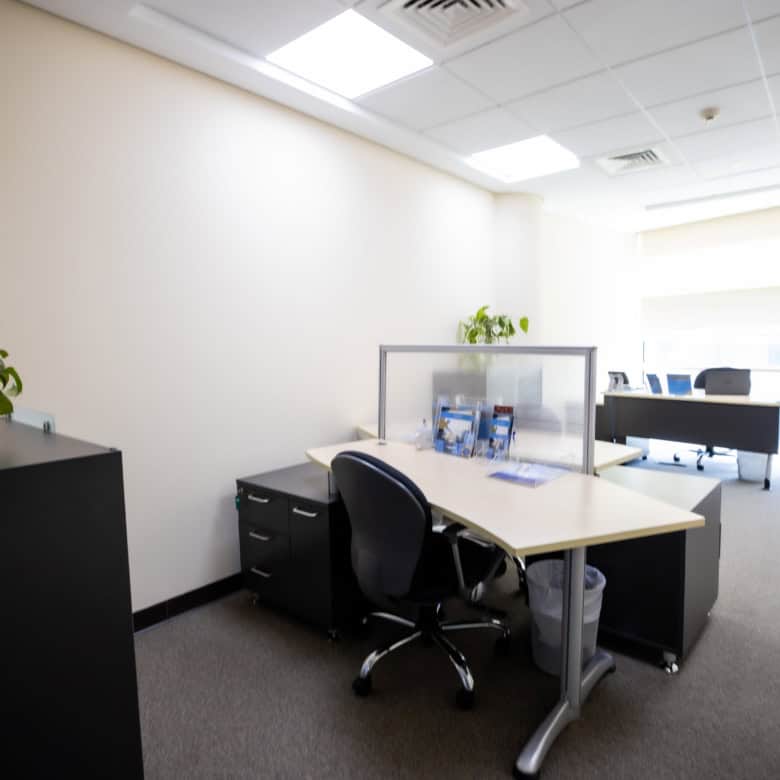 Modern coworking space in Dubai with private offices and meeting rooms.