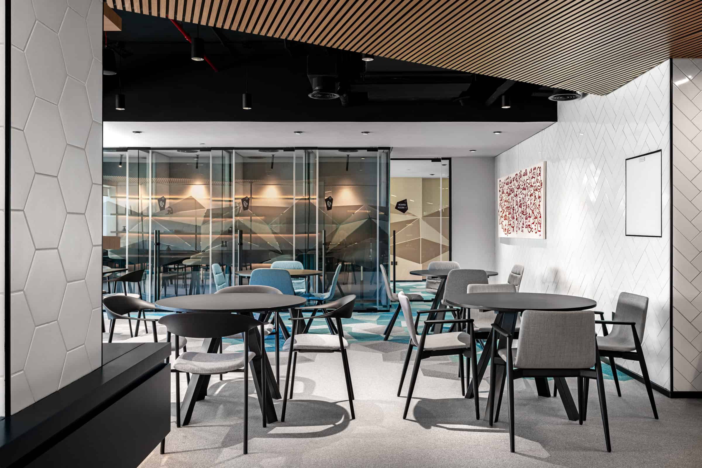 Cozy, contemporary coworking workspace in UAE with modern tables, chairs, and vibrant decor.