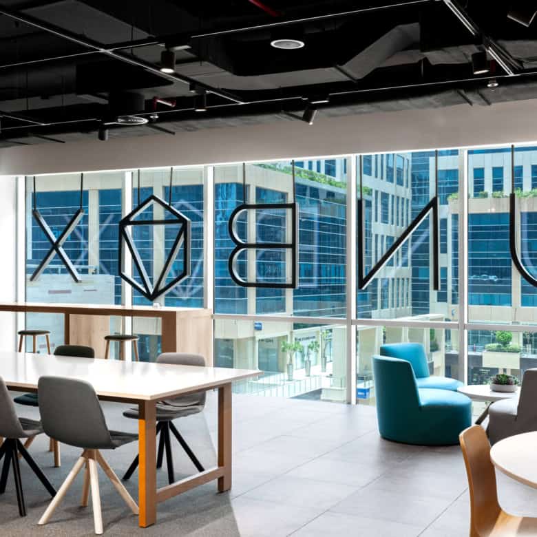 Bright workspace at Nextspace UAE featuring contemporary furniture and city views.