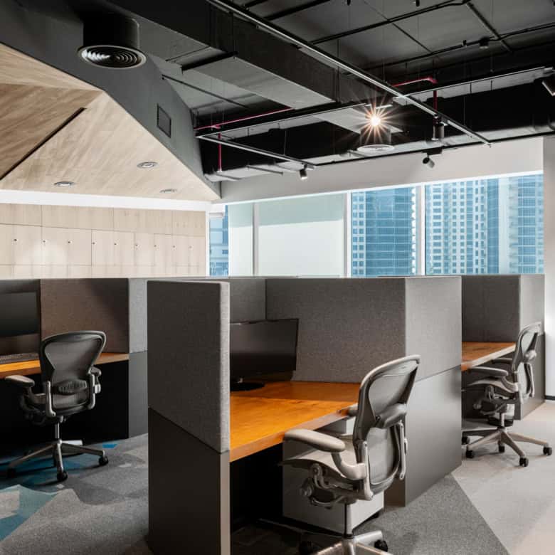 Bright office with workstations and city views for entrepreneurs.