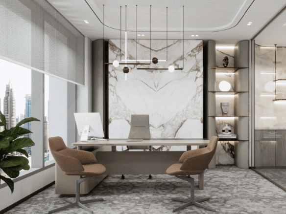 Modern Dubai office with luxurious marble accents, stylish seating, and panoramic city views. Perfect workspace for professionals.