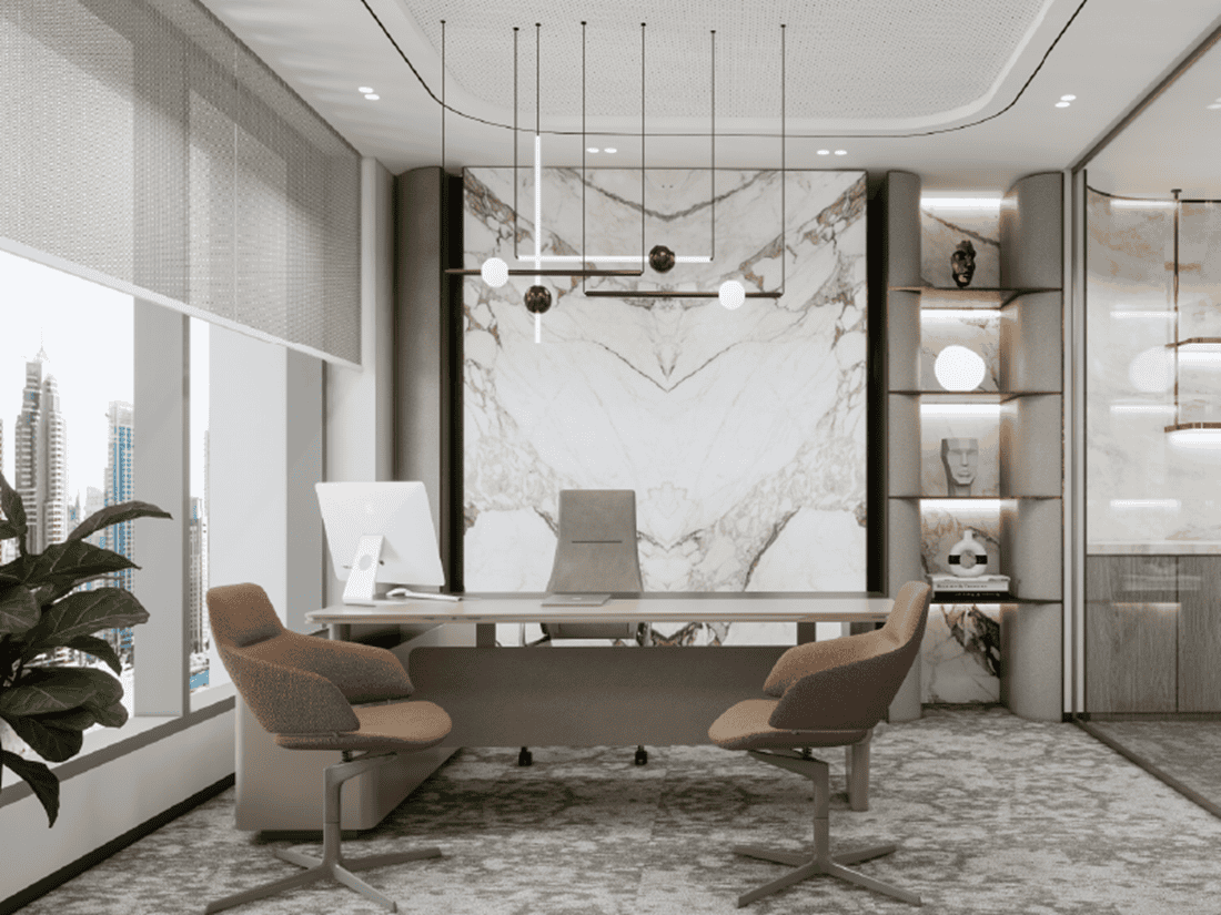 Modern Dubai office with luxurious marble accents, stylish seating, and panoramic city views. Perfect workspace for professionals.