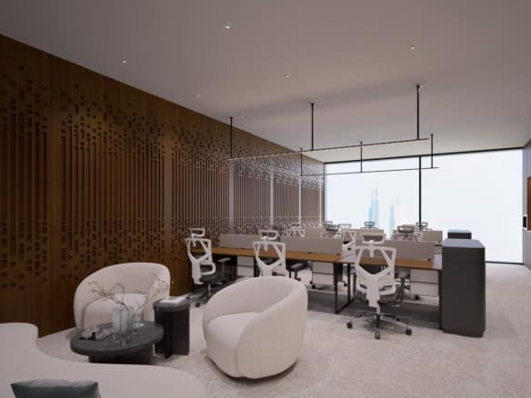 Spacious, stylish coworking space with contemporary furniture and large windows in UAE.