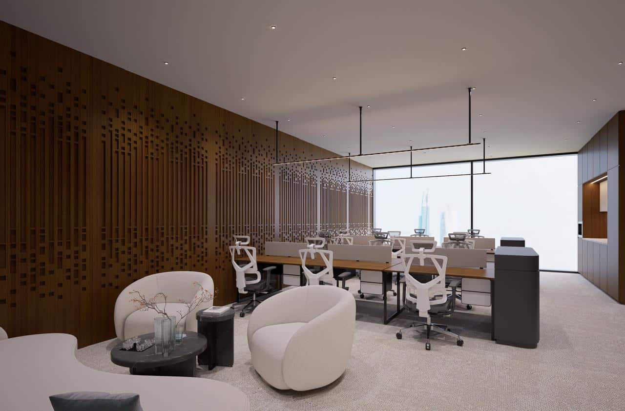 Spacious, stylish coworking space with contemporary furniture and large windows in UAE.