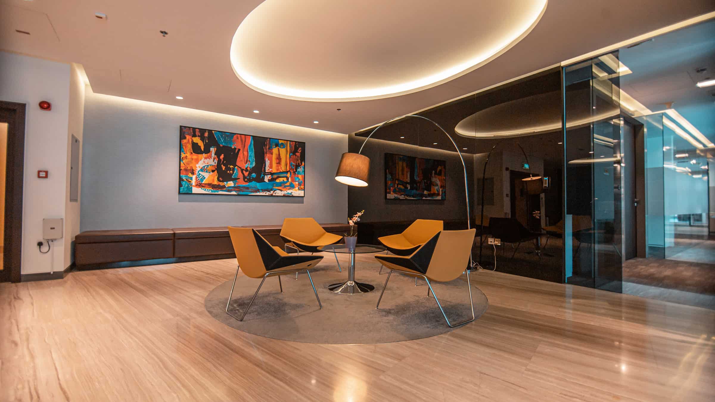 Comfortable coworking space at Nextspace UAE featuring contemporary furniture and creative decor.