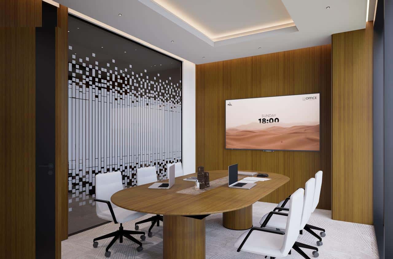 Bright, stylish conference room featuring ergonomic chairs, a large digital display, and high-speed internet.