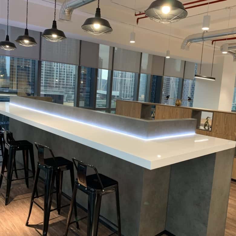 Bright, stylish workspace with high-rise city views in Dubai.