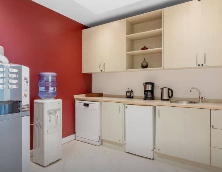Comfortable workspace with kitchenette in Dubai UAE.