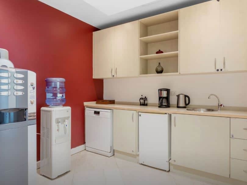 Comfortable workspace with kitchenette in Dubai UAE.