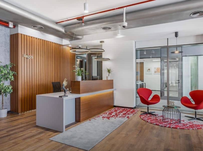 Modern coworking space in Dubai with vibrant design, stylish seating, and collaborative work environment.