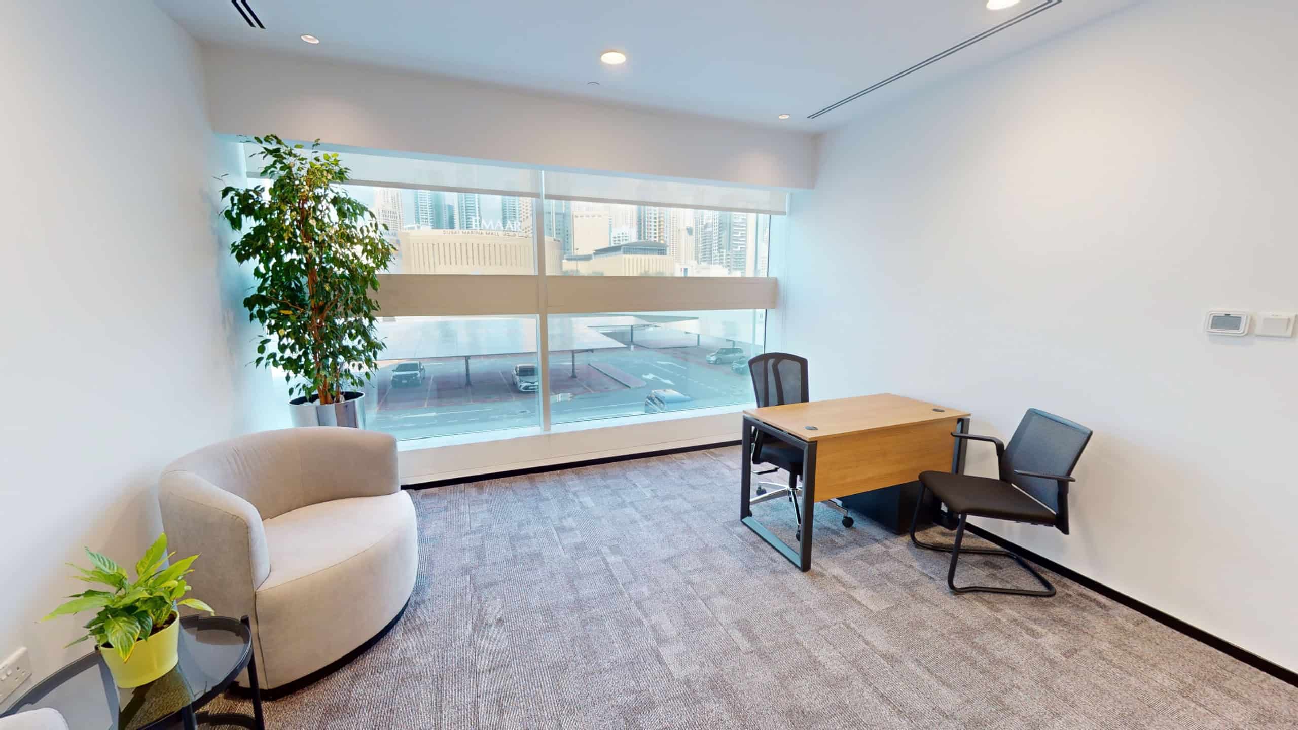Bright office space with large windows, ergonomic chairs, and indoor plants in Dubai.
