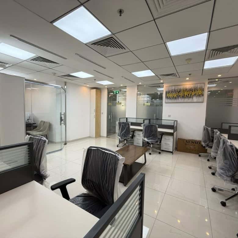 Bright, contemporary coworking workspace with individual desks, ergonomic chairs, and meeting areas in Dubai.