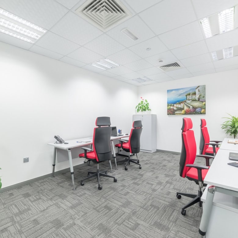 Bright office environment with ergonomic chairs, laptops, plants, and inspiring artwork in UAE coworking space.