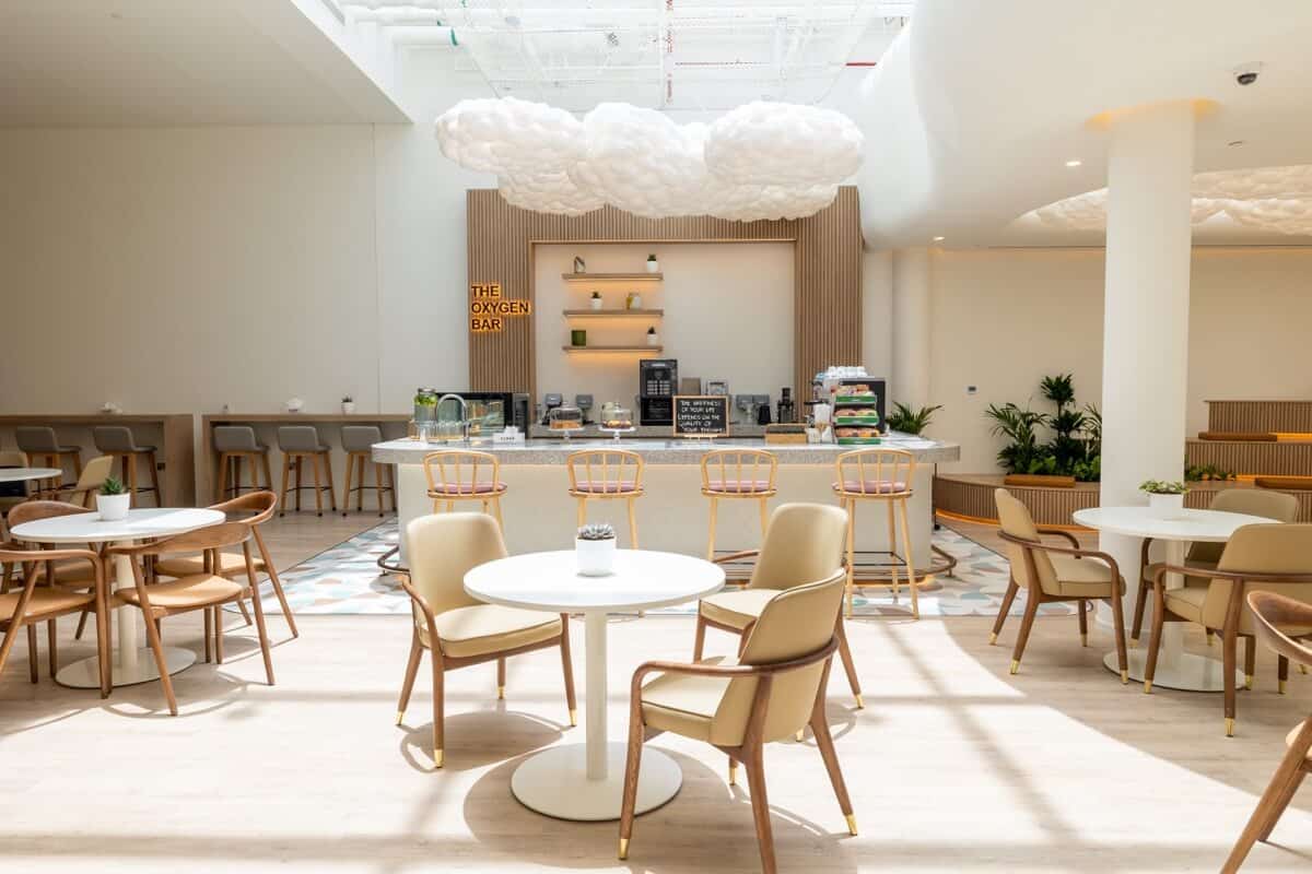 Bright coworking space with modern furniture and cozy atmosphere in UAE.