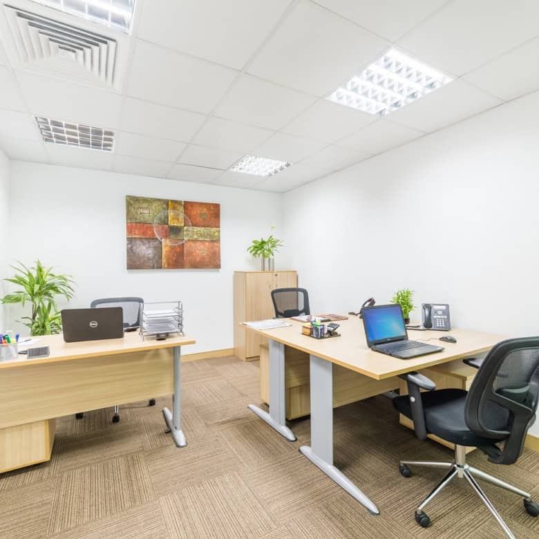 Modern office setup with desks, laptops, and plants in UAE coworking space.