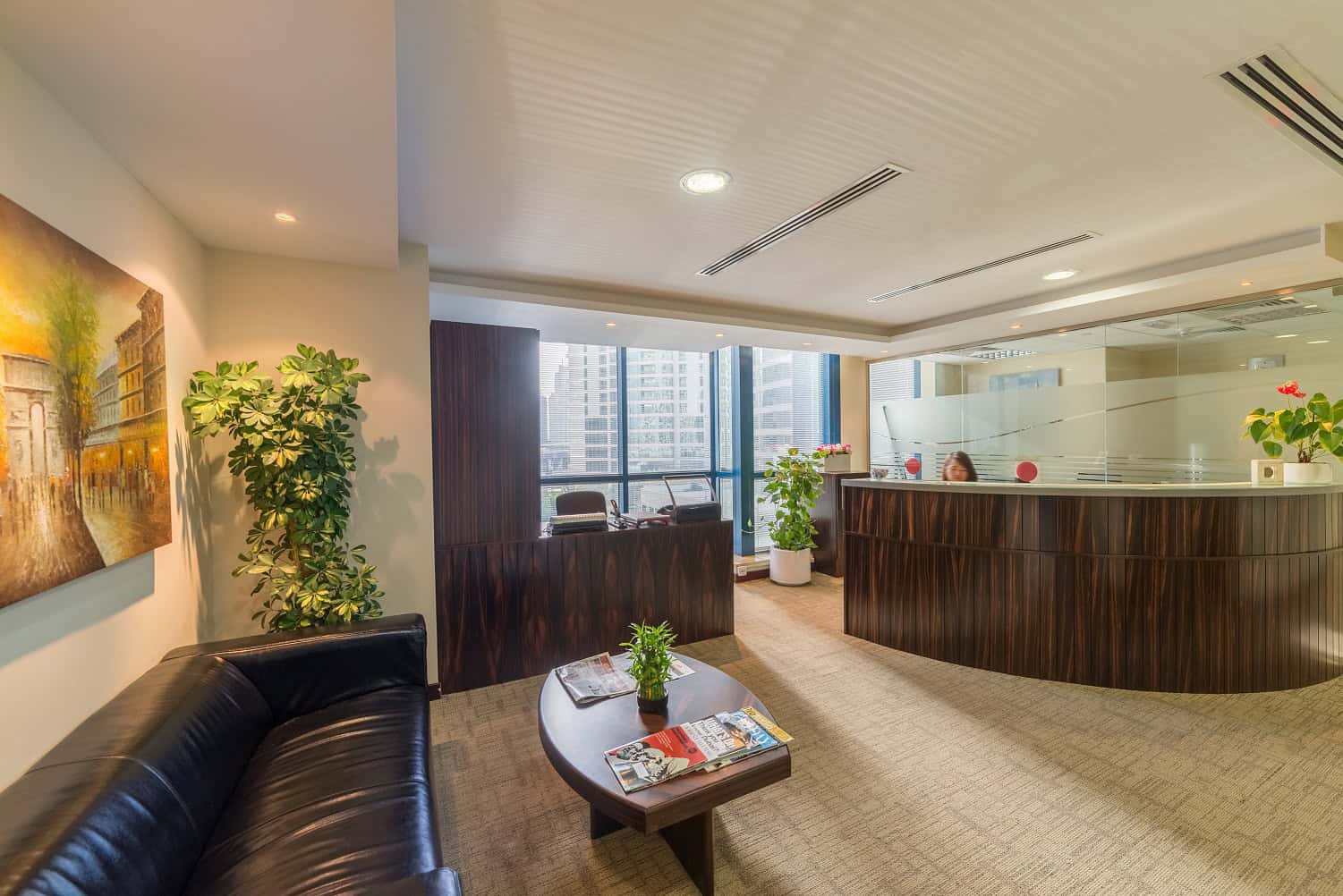 Bright office reception area with contemporary decor in Dubai UAE.