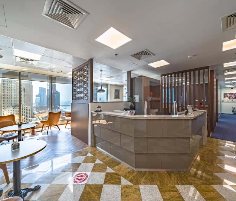Modern coworking space in UAE with scenic city views.