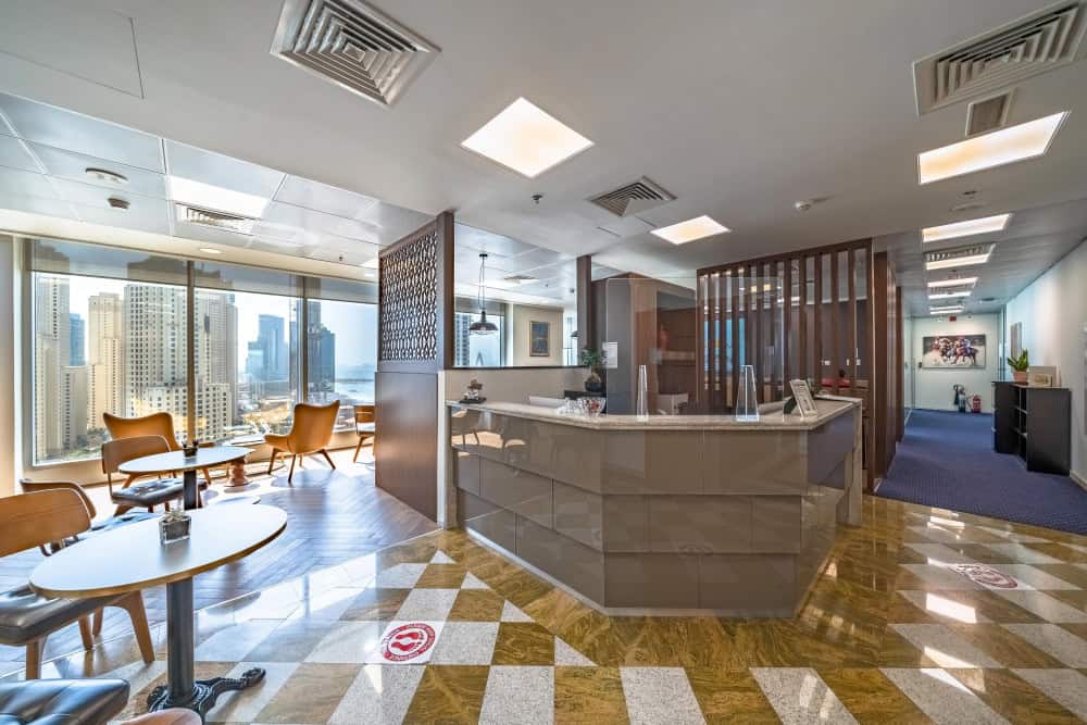 Modern coworking space in UAE with scenic city views.