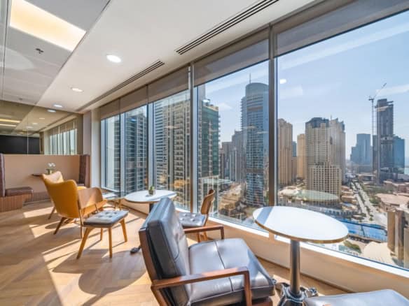Bright coworking space with city views in UAE.
