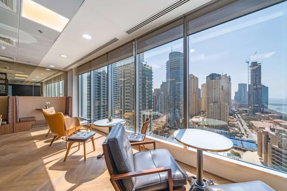 Bright coworking space with city views in UAE.